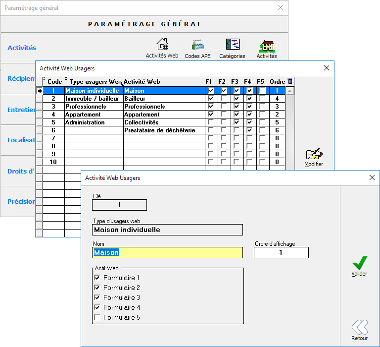 Paramétrage des activités web