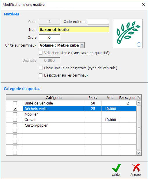 Configuration d'un type de déchet
