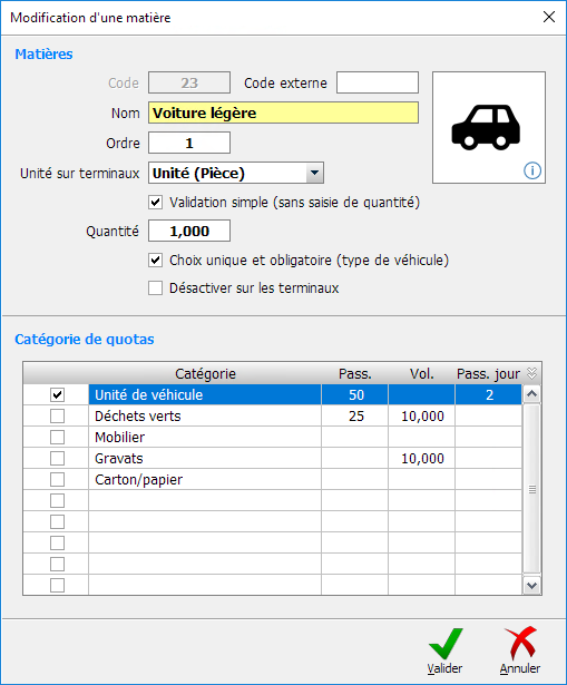Configuration d'un type de véhicule