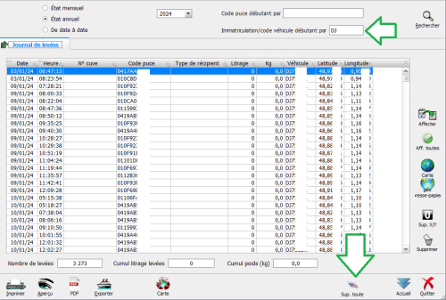 Recherche des levées de bacs par véhicule / suppression des levées