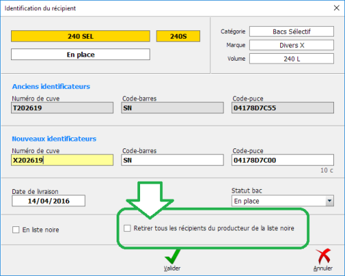 Mise en liste noire de tous les bacs d'un usager