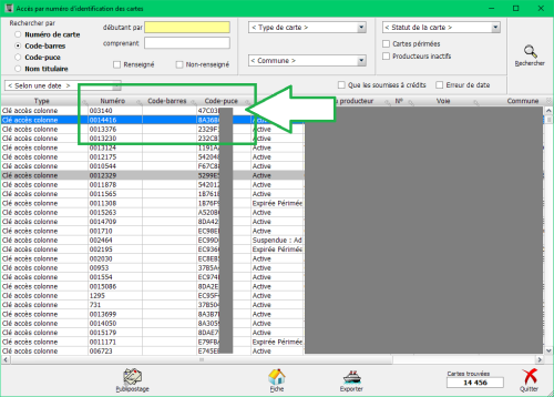 Affichages des numéro, code-barres et code-puce dans la recherche par carte