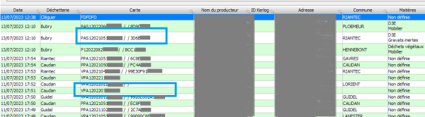 Affichage des trois identifiants de cartes d'un dépôt en déchetterie