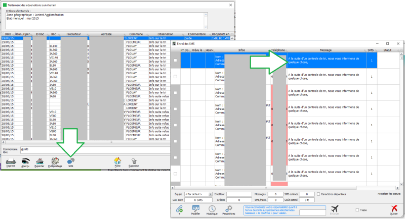 Envoi de SMS dans le module de relevé terrain
